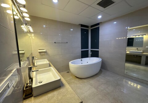 luxury master bedroom with bathtub